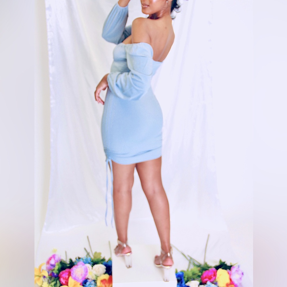 Blue Off Shoulder Drawstring Dress